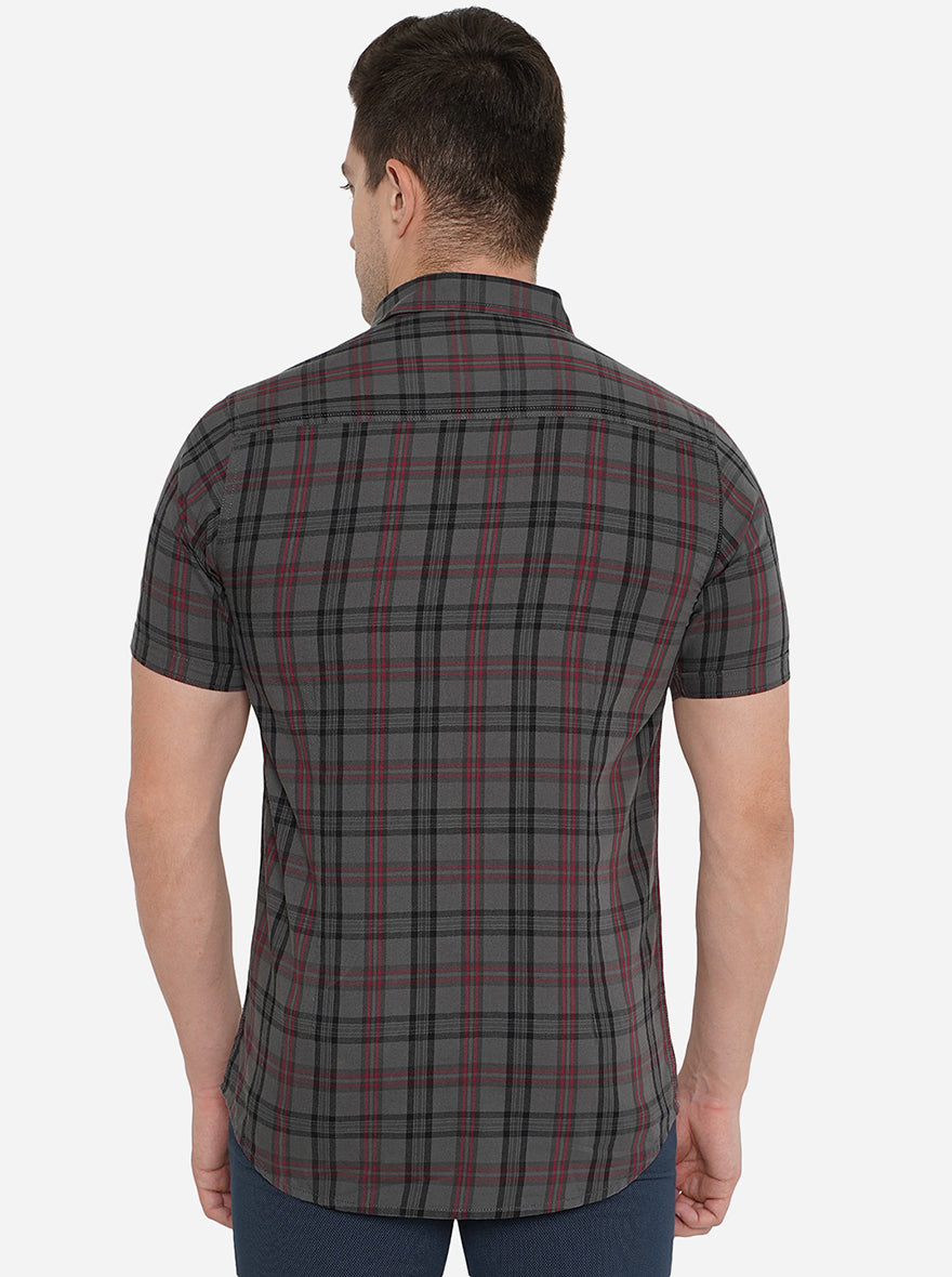 Dark Grey Checked Slim Fit Semi Casual Shirt | Pehervi