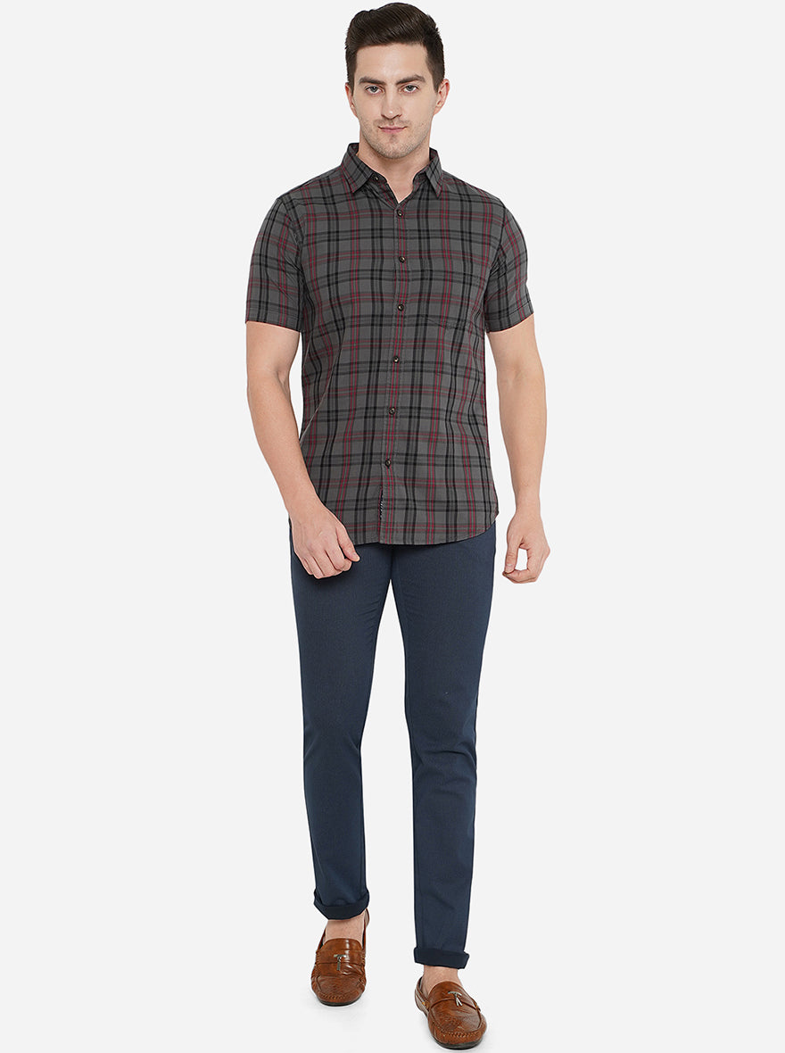 Dark Grey Checked Slim Fit Semi Casual Shirt | Pehervi