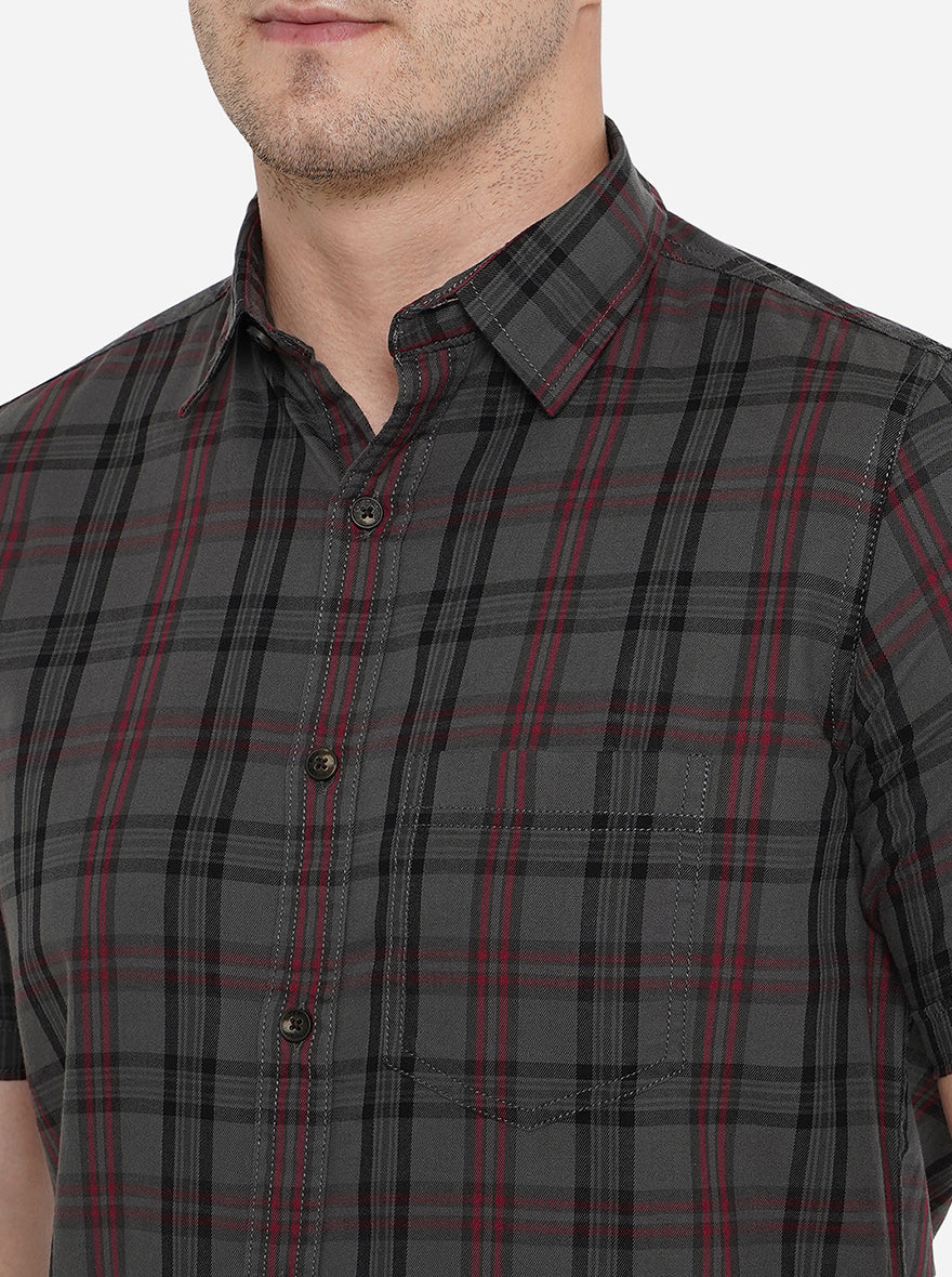 Dark Grey Checked Slim Fit Semi Casual Shirt | Pehervi