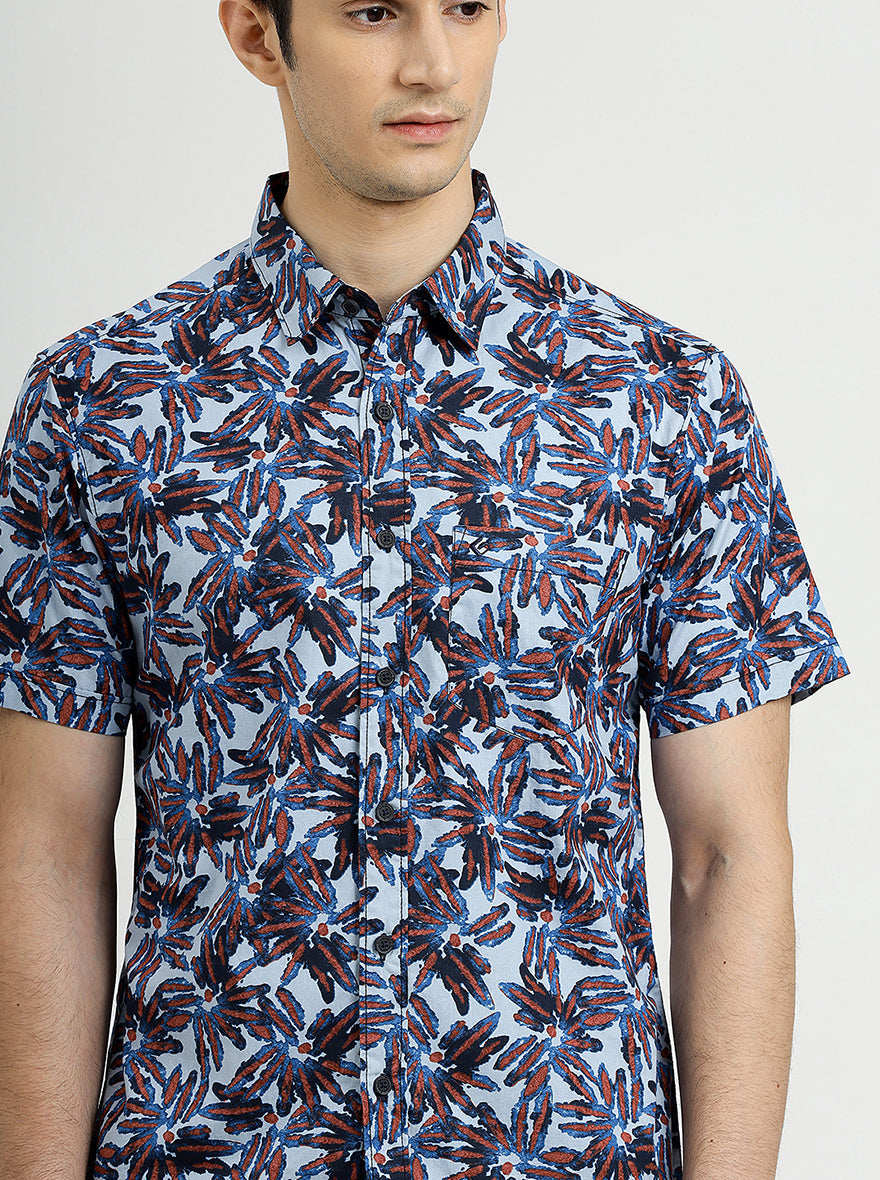 Sea Blue Printed Slim Fit Casual Shirt | pehervi