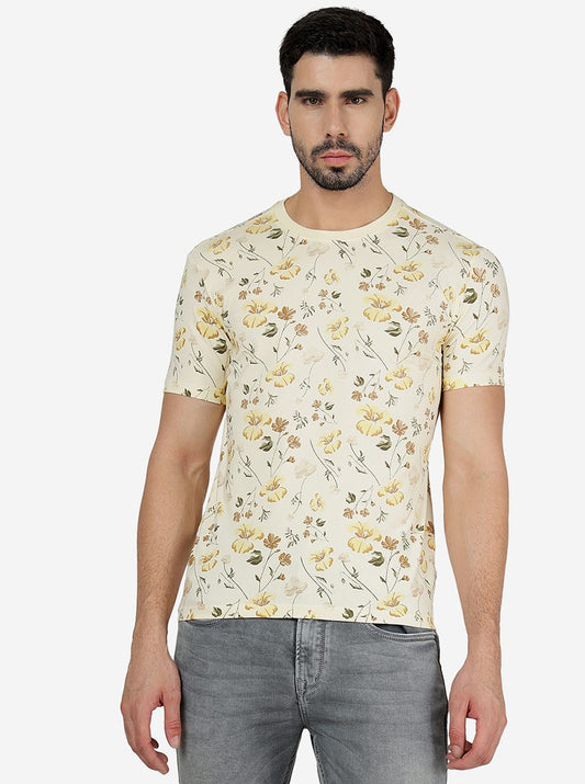 Cream Printed Slim Fit T-Shirt | pehervi