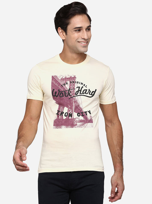 Cream Printed Slim Fit T-Shirt | pehervi
