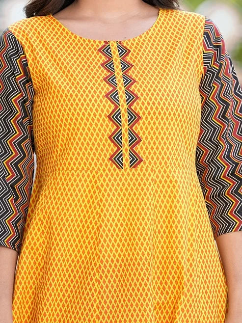 FASHION PLUS STORE Women's Cotton Geometric Print Anarkali Kurta (Mustard) & Dupatta