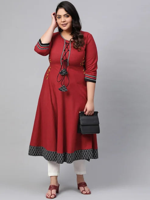 Cotton Slub Embroidered Anarkali Kurta (Maroon)