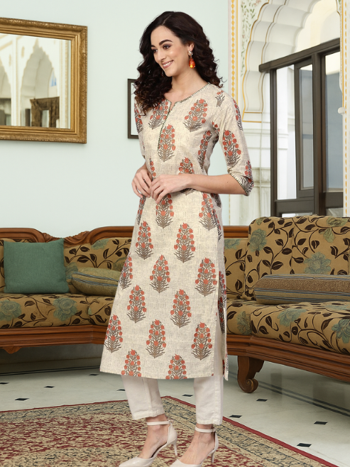 Cotton Cambric Sequin Work Straight Kurta (Beige)
