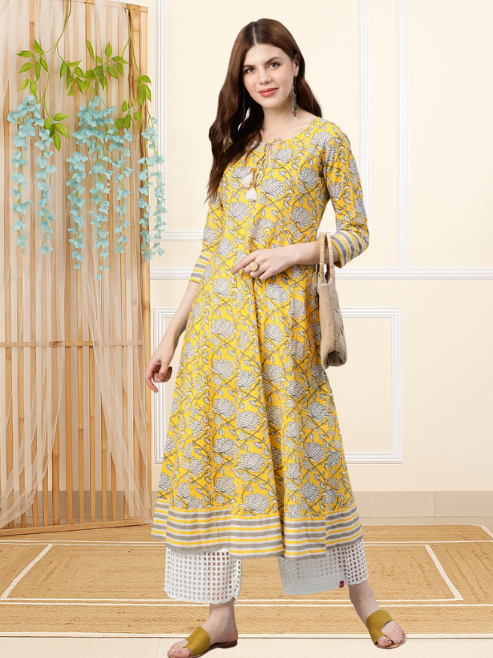 Cambric Cotton Floral Printed Anarkali Kurta (Lemon Yellow)