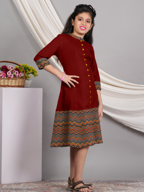 Fashion Plus Store Kids Rayon Zig-Zag Printed 3/4th Sleeve Mandarin Collar A-line Kurta