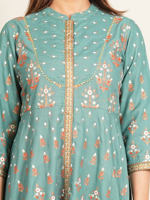 Fashion Plus Store Women's Rayon Floral Printed Anarkali Kurta Mandarin Collar With Gota Detailling & Duptta