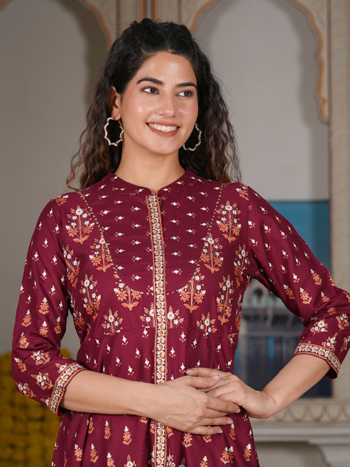Rayon Floral Printed Anarkali Kurta (Maroon)