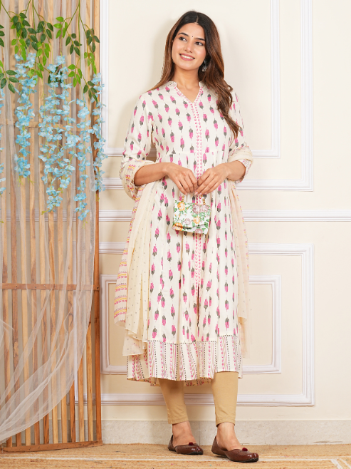 Rayon Ikat Printed Anarkali Kurta Mandarin Collar With DUPTTA