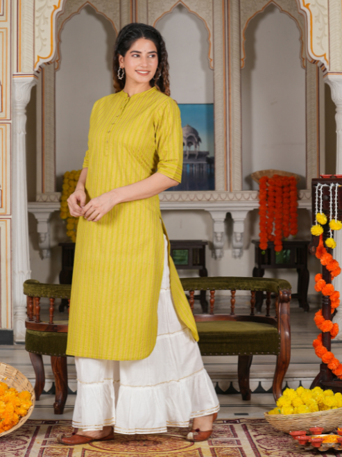 Cotton Stripe Gold Printed Straight Kurta (Green)