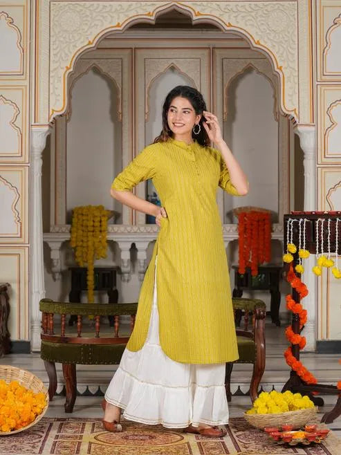 Cotton Stripe Gold Printed Straight Kurta (Green)