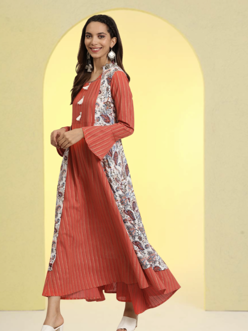 Rayon Geometric Print Embroidered Anarkali Kurta