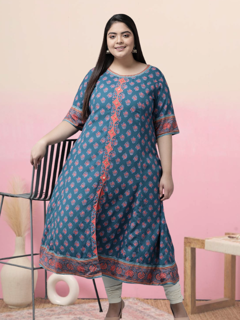 Rayon Printed Anarkali Kurta (Blue)