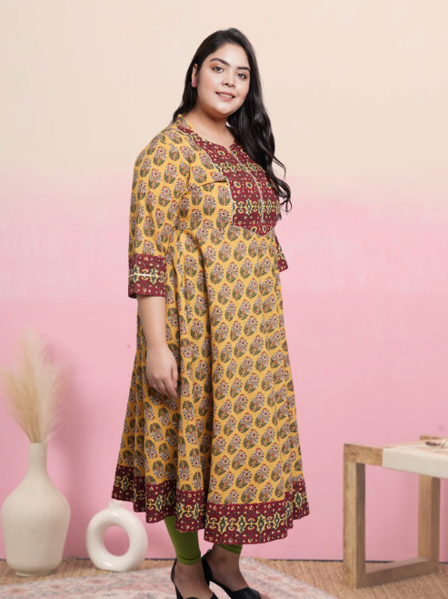 Cotton Floral Printed Anarkali Kurta (Mandarin Collar)