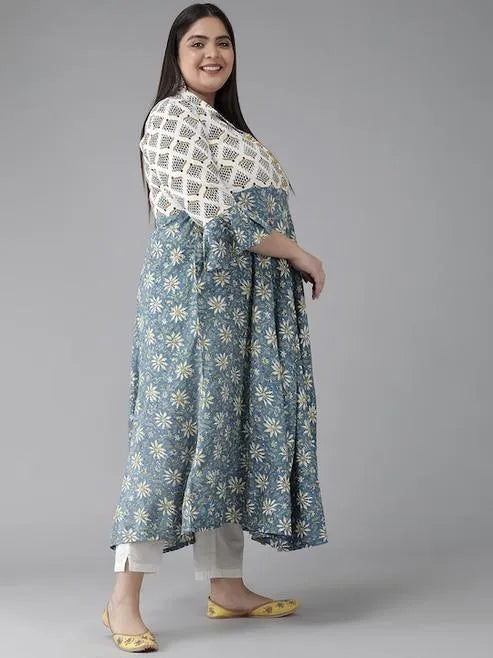 Viscose Rayon Floral Anarkali Kurta (Blue)