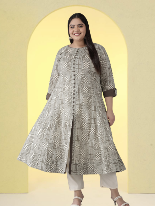 Fashion Plus Store Plus Size Cotton Geomatrical Printed Anarkali Kurti