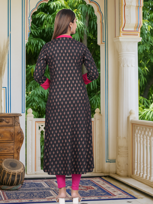 Fashion Plus Store Gold printed Black Anarkali kurta