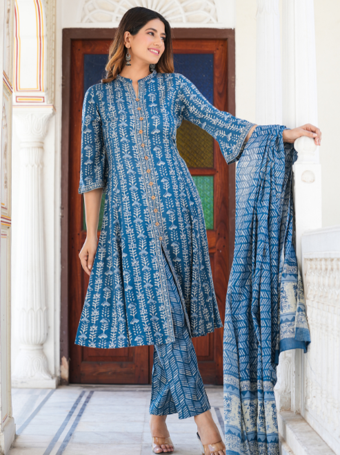 Fashion Plus Store Women's Blue Floral Printed Anarkali Kurta with Pant & Dupatta Set