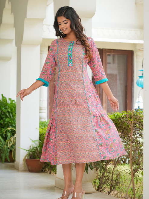 Fashion Plus Store Women's Embroidered Floral Printed A-line Kurta (Pink)