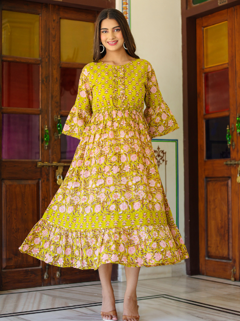 Fashion Plus Store Women's Floral Printed Anarkali Dress (Green)