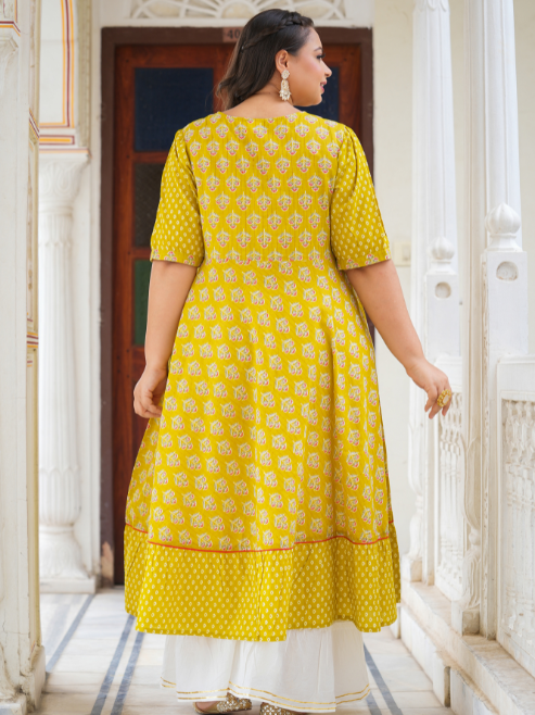 Fashion Plus Store Women's Mustard Floral Printed Anarkali Kurti