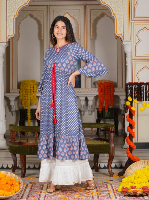 Fashion Plus Store Women's Grey Floral Printed Anarkali Kurti