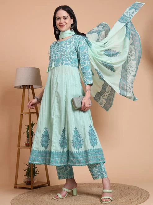 Fashion Plus Store Women's Green Cotton Dobby Printed Anarkali Kurta Set with Pant & Dupatta