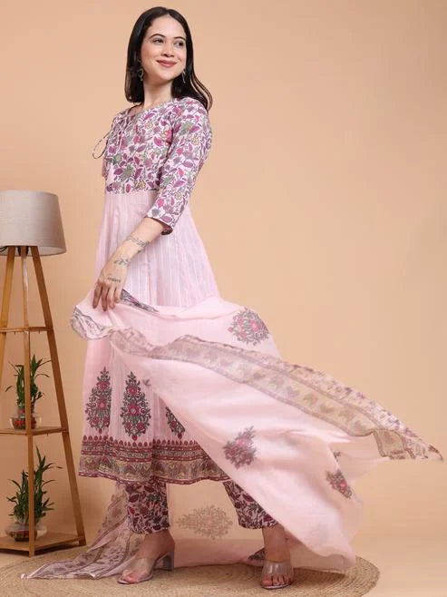 Fashion Plus Store Women's Pink Cotton Dobby Printed Anarkali Kurta Set with Pant & Dupatta