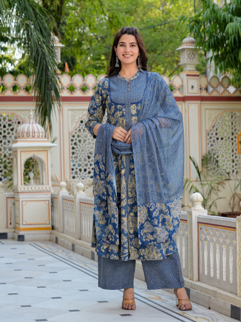 Fashion Plus Store Women's Floral Printed Anarkali Kurta with Zig-Zag Printed Pant & Dupatta (Blue)