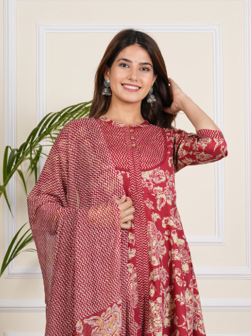 Fashion Plus Store Women's Floral Printed Anarkali Kurta with Zig-Zag Printed Pant & Dupatta (Maroon)