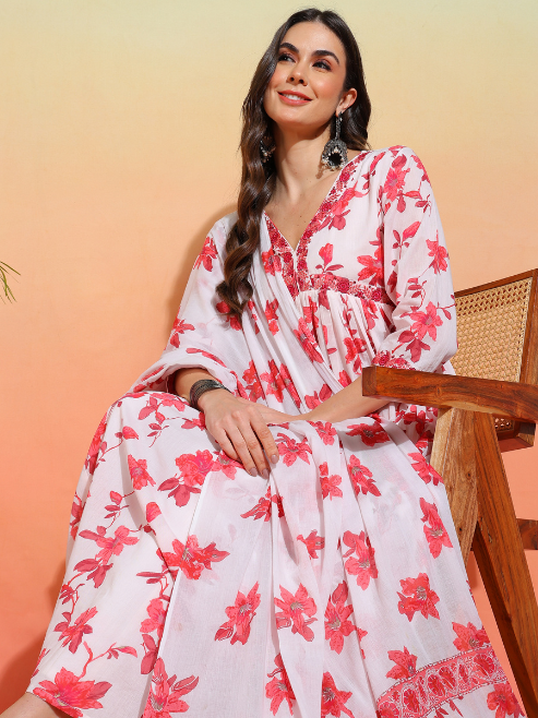 Cotton Floral Printed 3/4th Sleeve V-neck Embroidered Work Anarkali Kurta With Dupatta