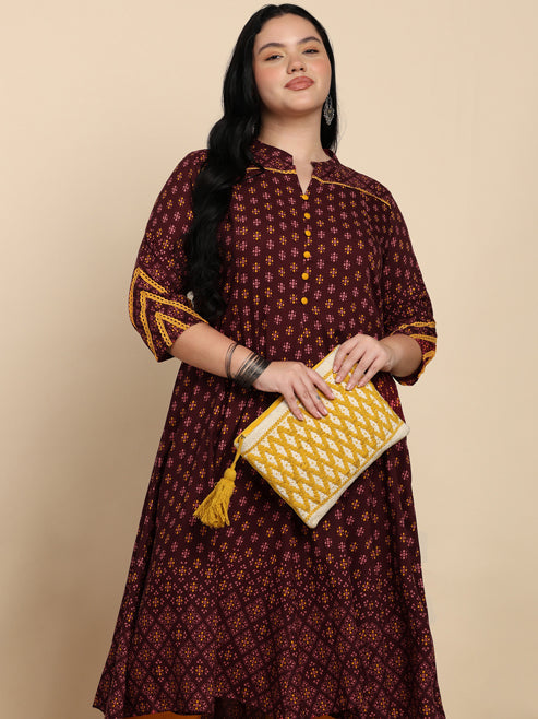 Fashion Plus Store Women's Rayon Mandarin Collar Calf Length Floral Printed 3/4th Sleeve Anarkali Kurta