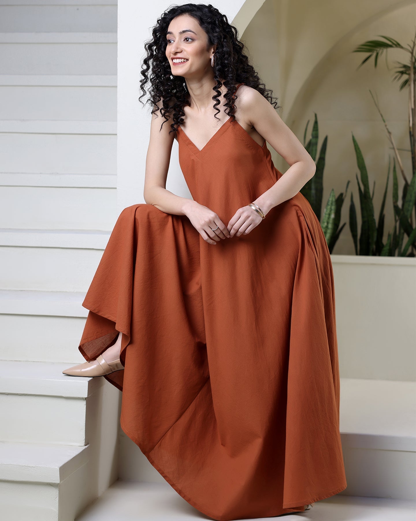 Rust Strappy Cotton Maxi Dress