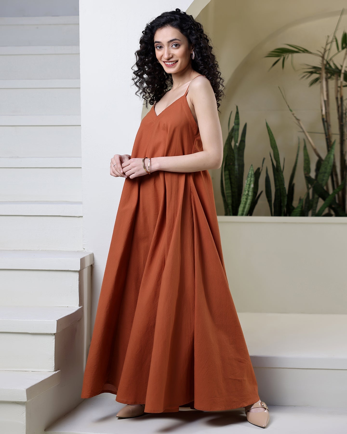 Rust Strappy Cotton Maxi Dress