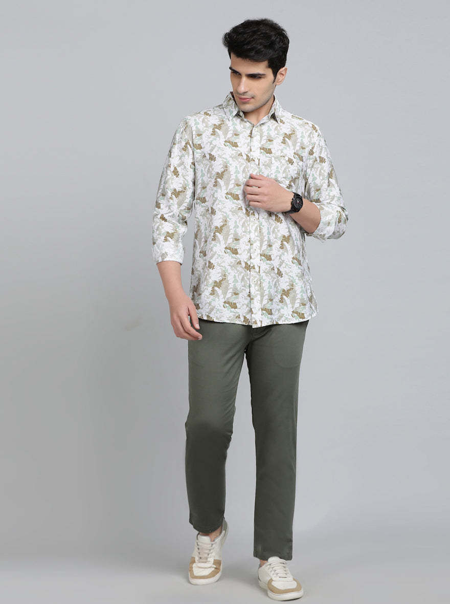 Sage Green Printed Slim Fit Casual Shirt | pehervi