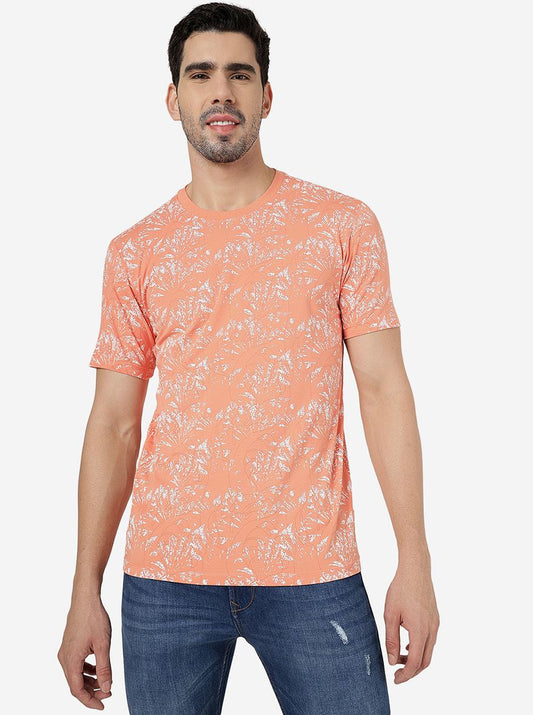 Orange Printed Slim Fit T-Shirt | pehervi