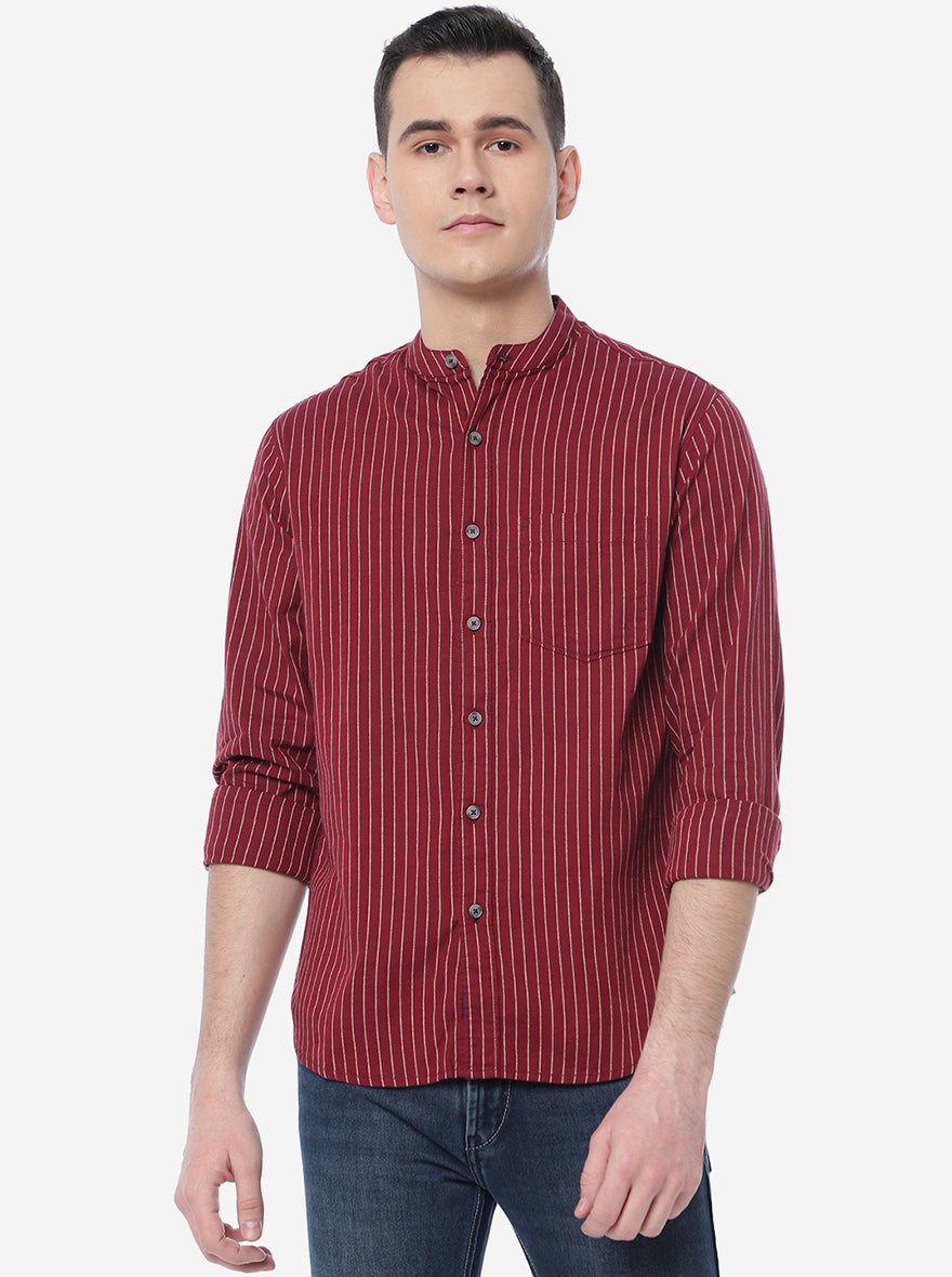 Red Striped Slim Fit Semi Casual Shirt | Pehervi