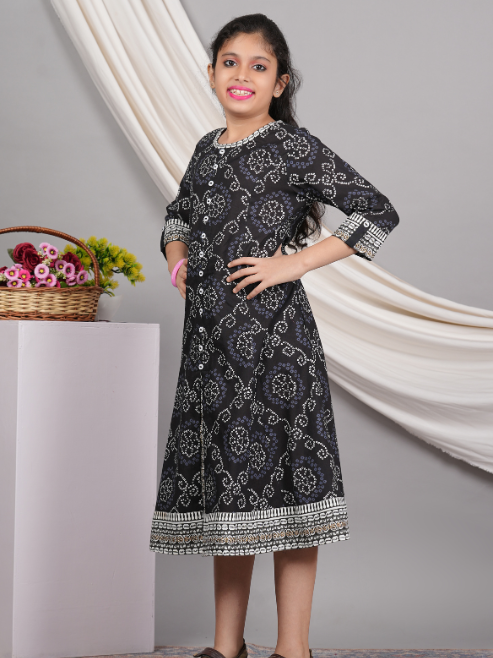 Fashion Plus Store Kids Cotton Bandhej Print Anarkali Dress (Black)