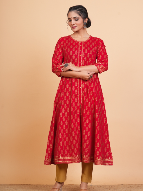 Fashion Plus Store Women's Cotton Calf Length 3/4th Sleeve Round Neck Floral Printed Anarkali Kurta with Dupatta