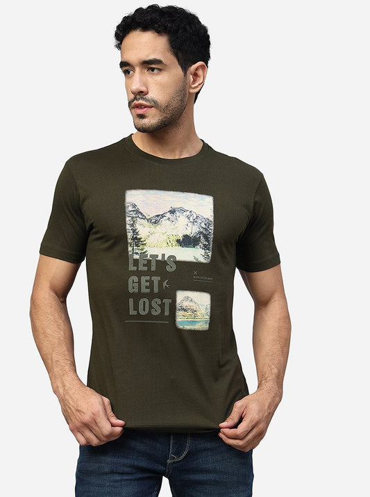 Olive Green Printed Slim Fit T-Shirt | pehervi