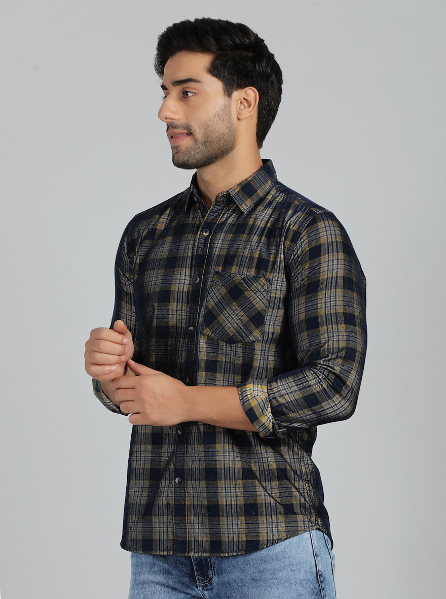Yellow & Blue Checked Slim Fit Casual Shirt | pehervi