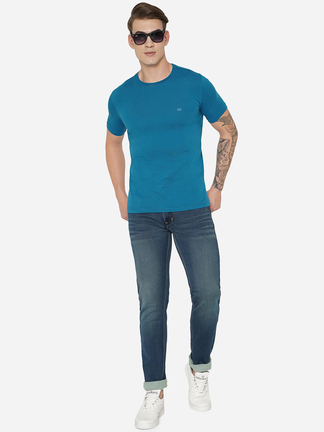 Seaport Blue Solid Slim Fit T-Shirt | pehervi