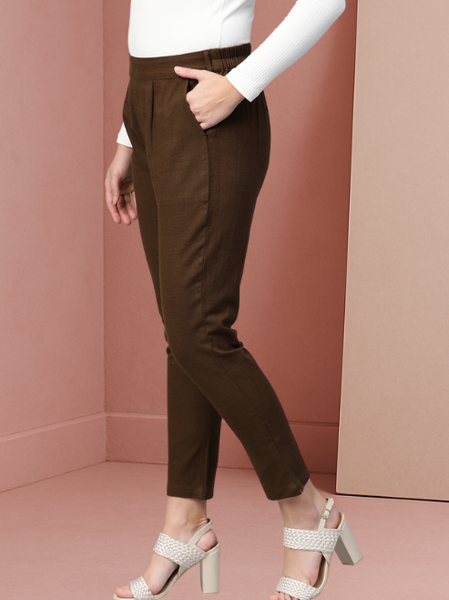 Cotton Slub Solid Regular Fit Casual Trouser Pants