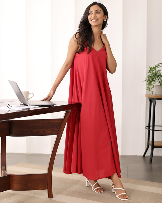 Red Strappy Cotton Maxi Dress