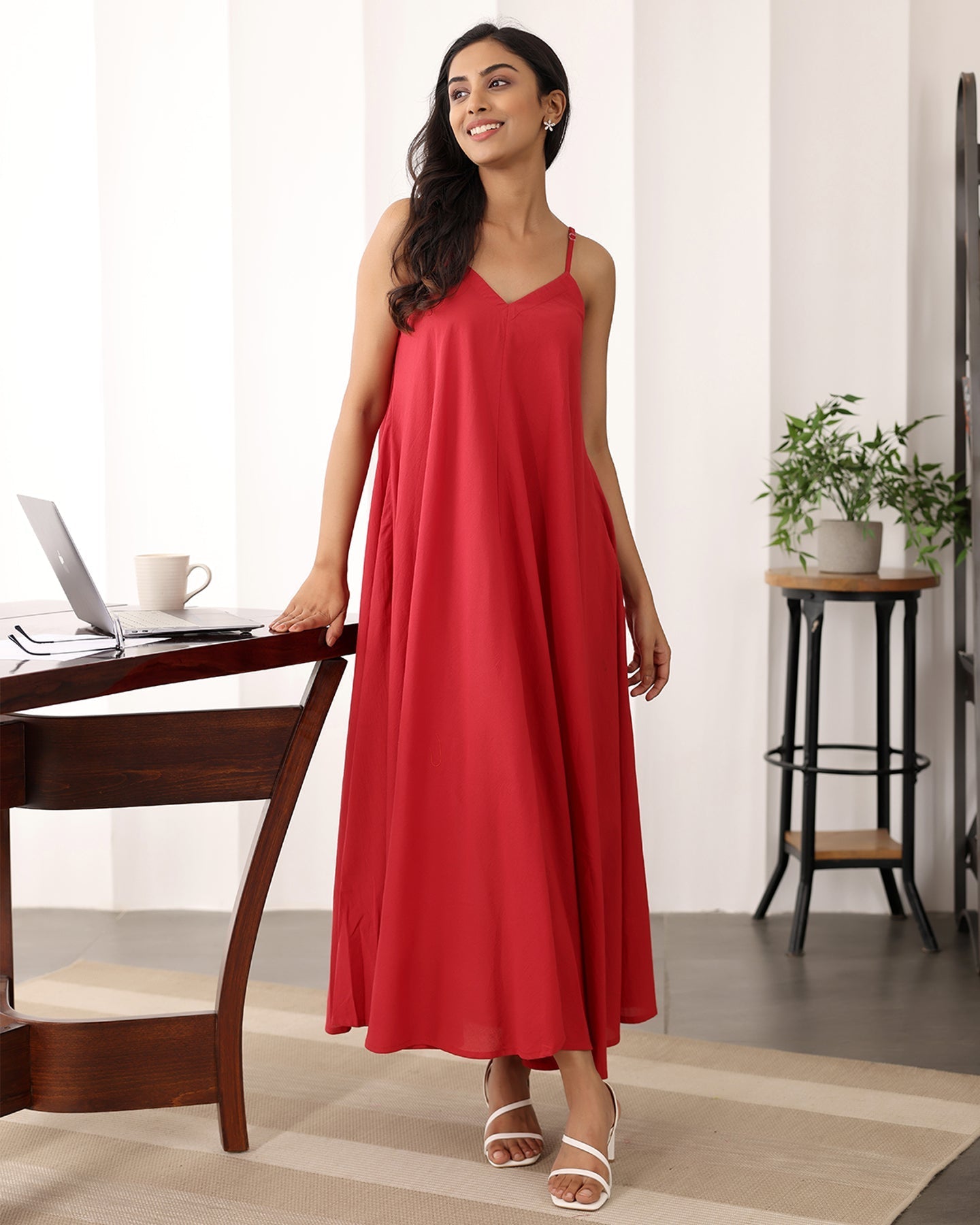 Red Strappy Cotton Maxi Dress