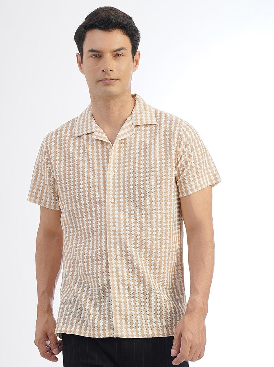 Cream Striped Slim Fit Casual Shirt | pehervi