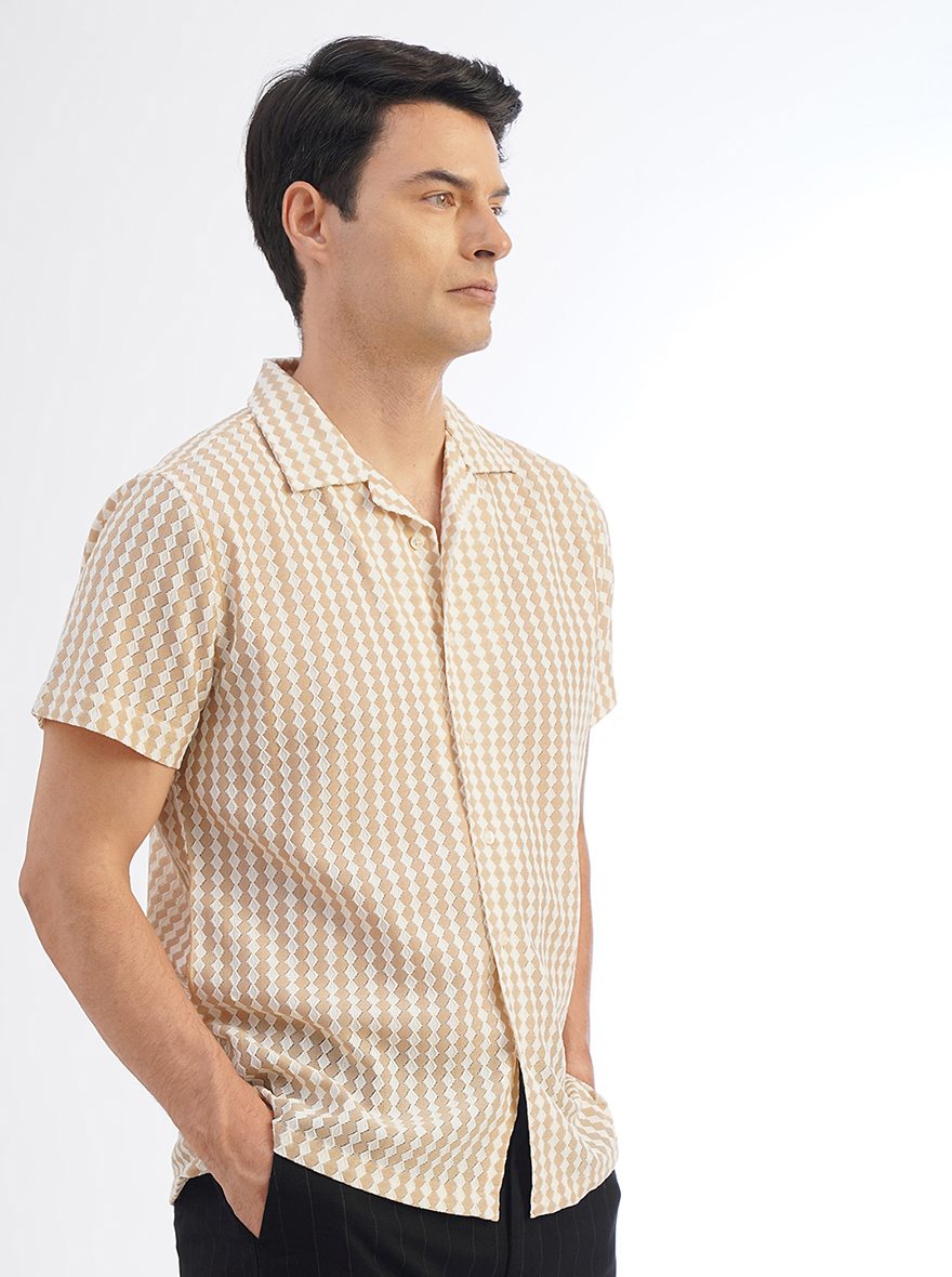 Cream Striped Slim Fit Casual Shirt | pehervi