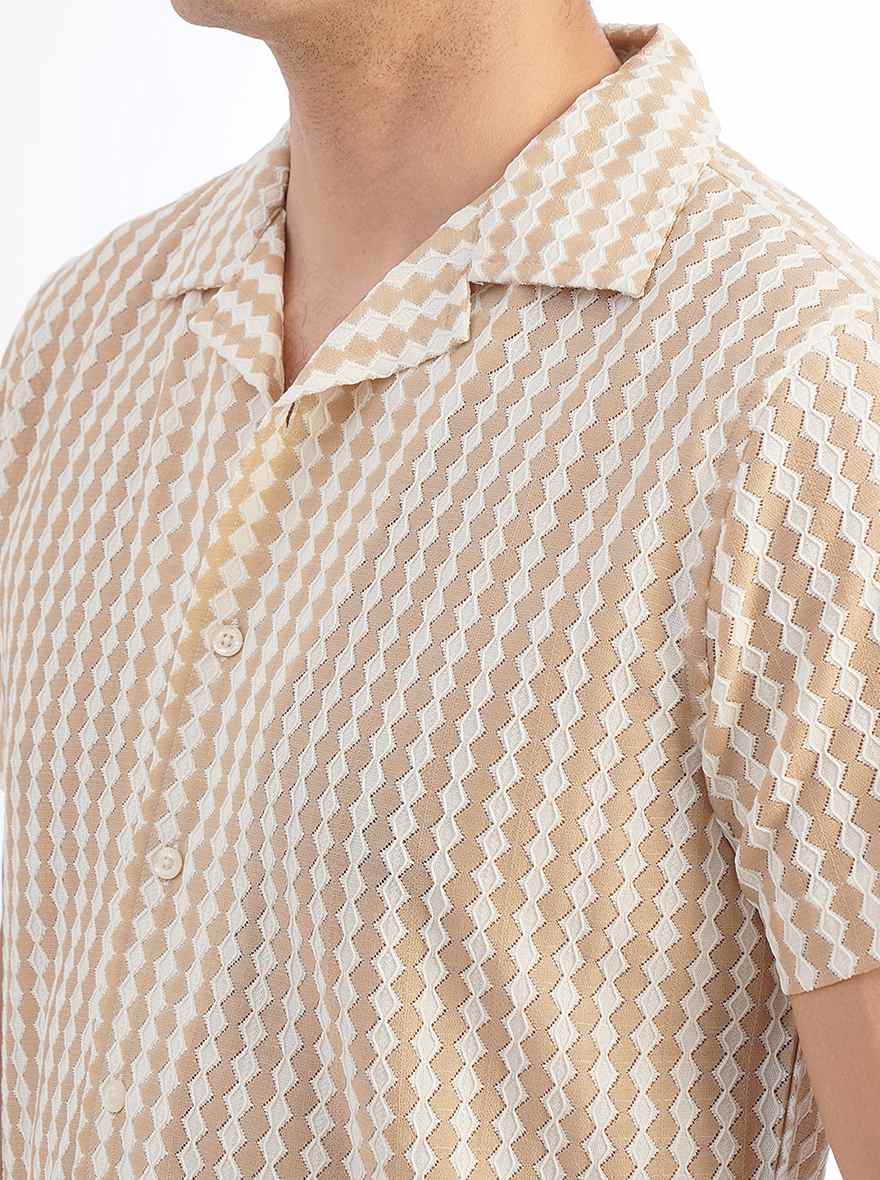 Cream Striped Slim Fit Casual Shirt | pehervi