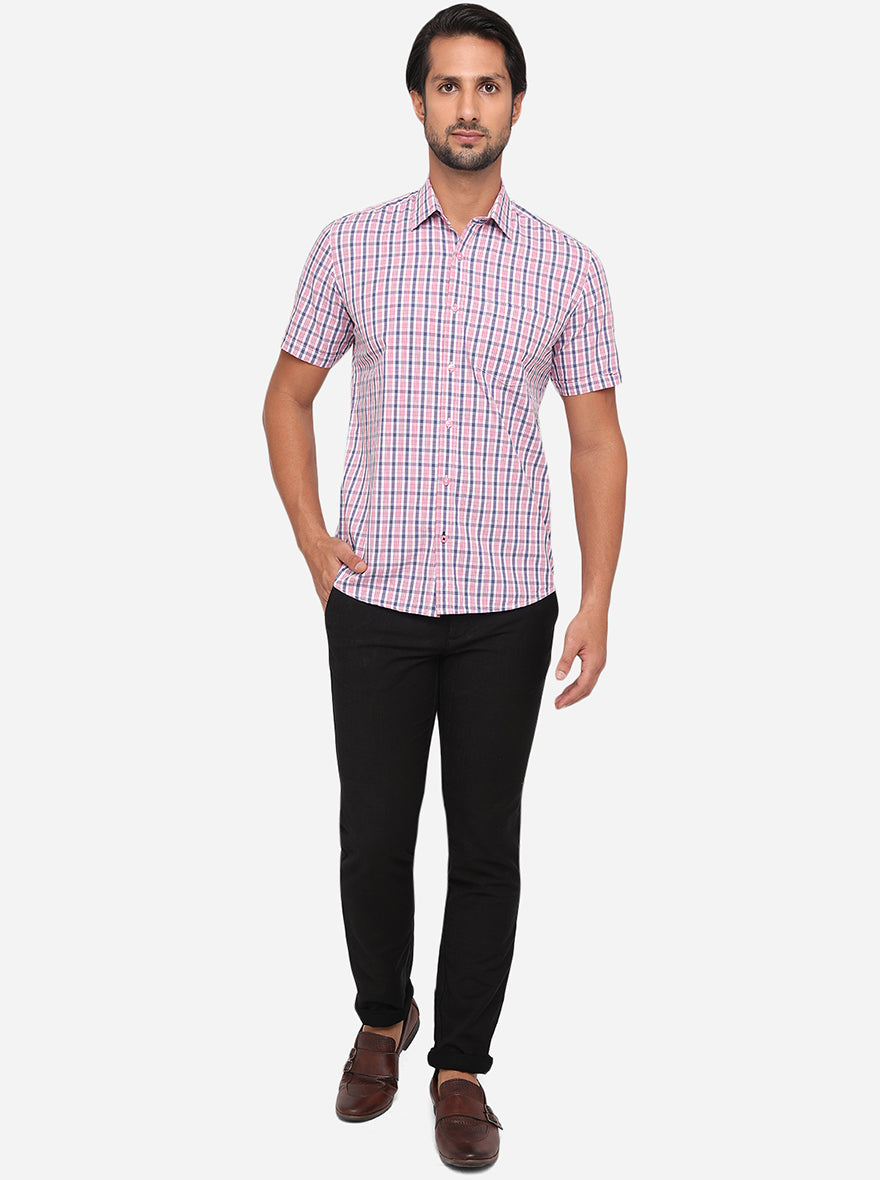 Rose Pink Checked Slim Fit Semi Casual Shirt | Pehervi